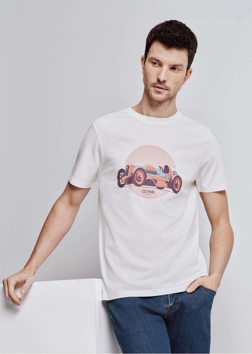 Kremowy T-shirt męski z nadrukiem TSHMT-0106-12(W24)