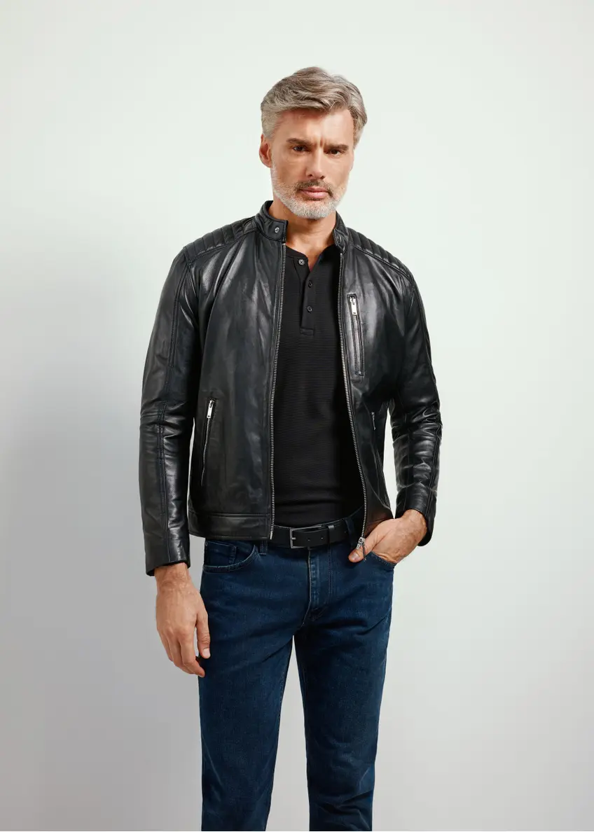 Men's leather jacket with stand-up collar KURMS-0191-5491(KS)