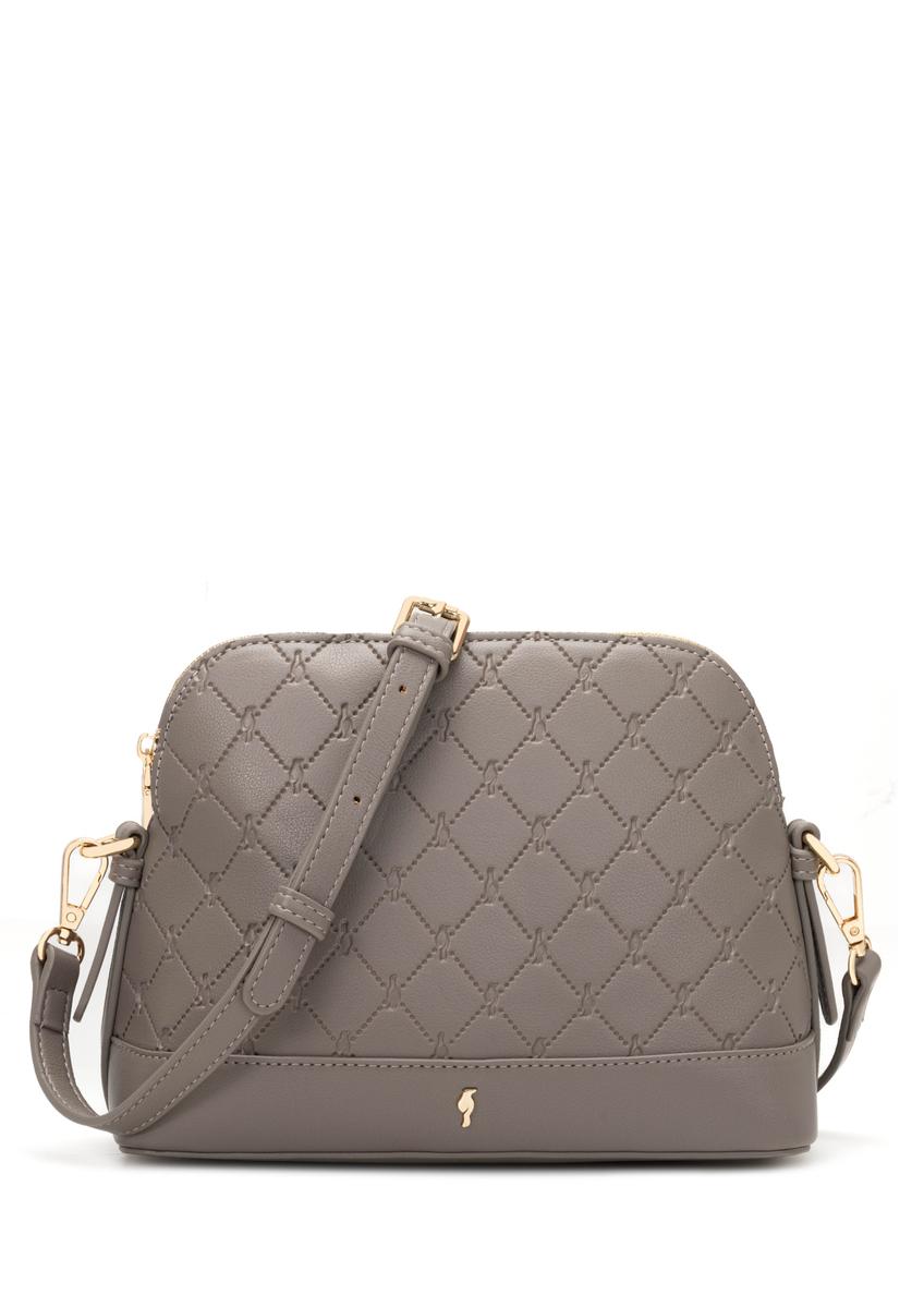 Jasnobrązowa torebka damska z monogramem TOREC-1180-1K(W26), widok produktu z przodu na białym tle.