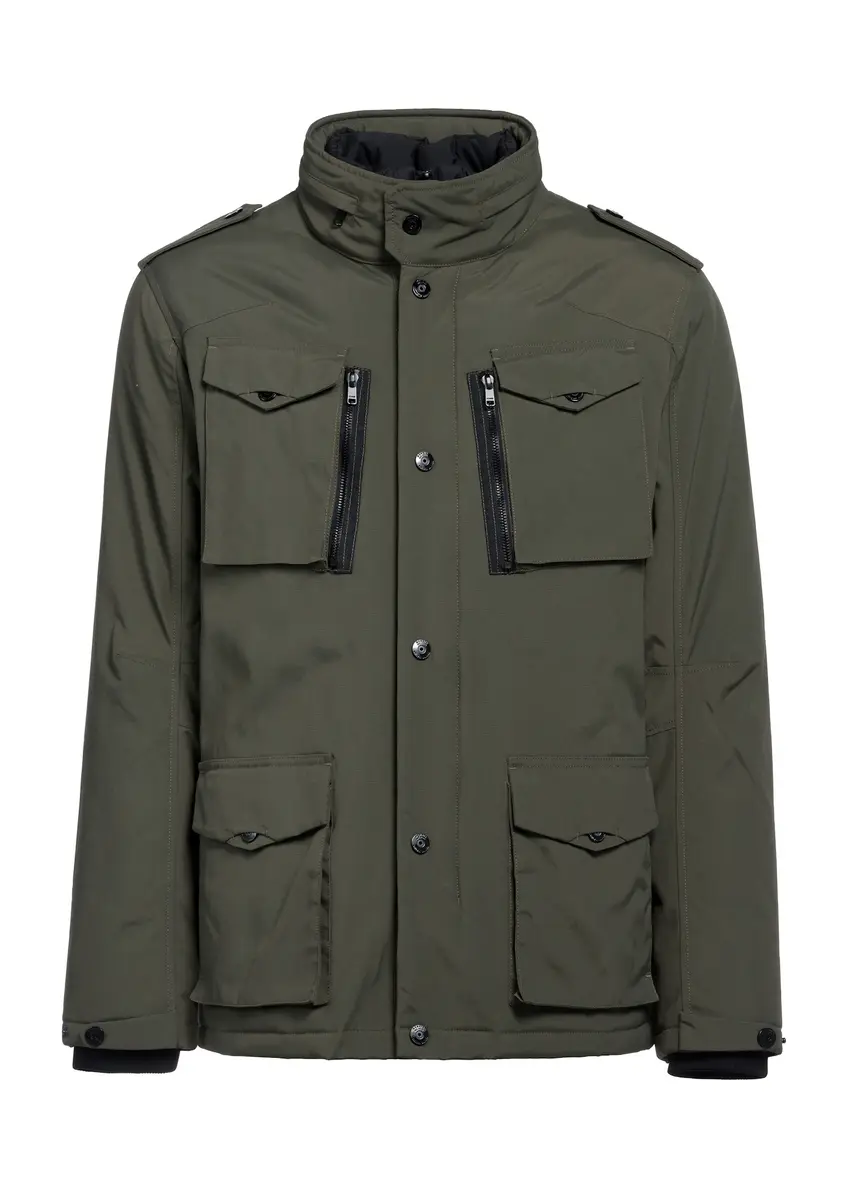 Oliwkowa przejściowa kurtka męska KURMT-0392-57(Z25) - widok produktu z przodu na białym tle.