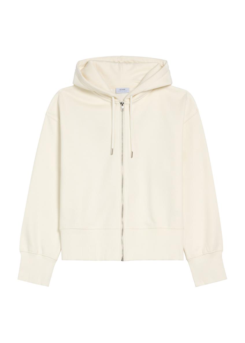 Kremowa bluza damska z kapturem BLZDT-0113-12(Z25), widok produktu z przodu na białym tle.