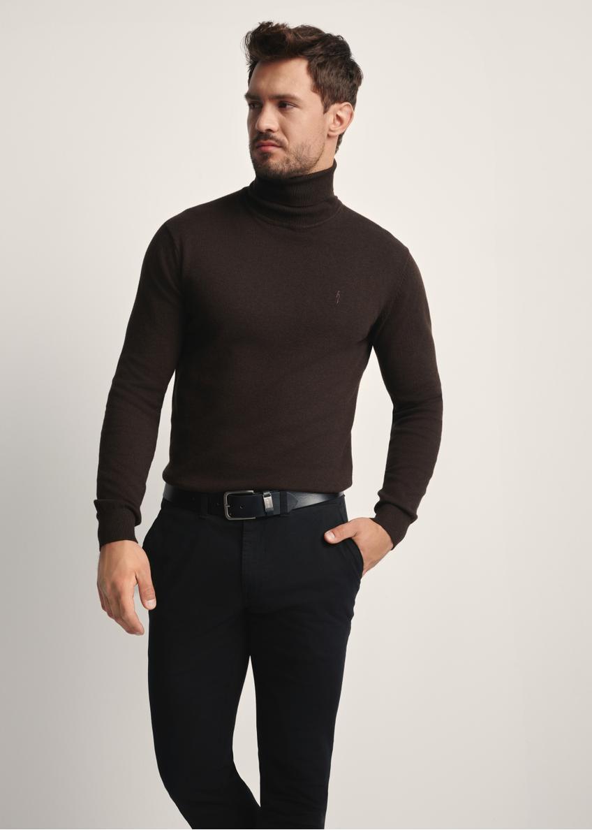 Sweter męski z golfem w kolorze czekoladowym SWEMT-0095B-90(Z25), widok produktu od przodu na modelu, widoczna połowa sylwetki.