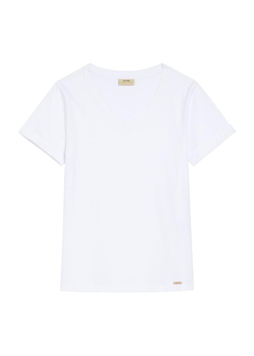 Kremowy T-shirt damski w serek TSHDT-0118B-0B(Z26)