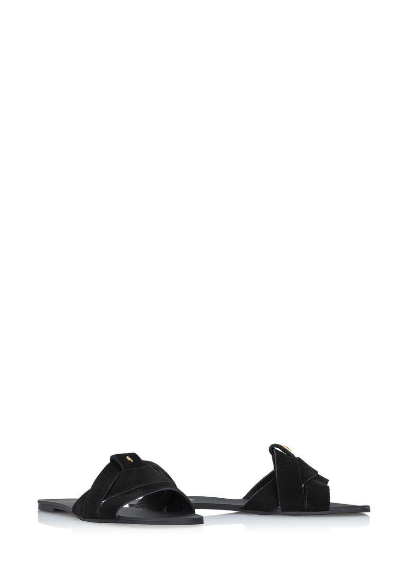 Czarne skórzane klapki damskie z plecionką BUTYD-0903A-98(W24)