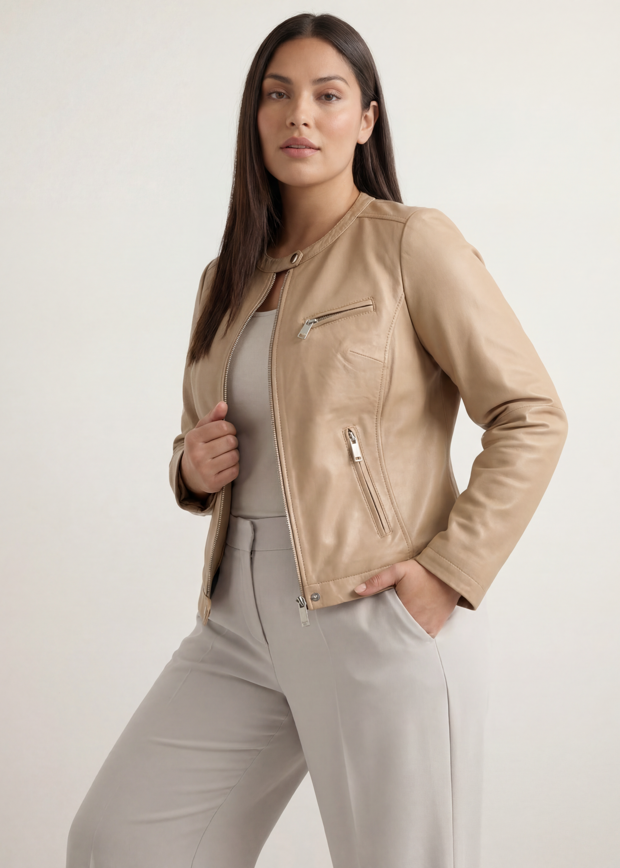 Beżowa skórzana kurtka damska PLUS SIZE KURDS-0154L-1B(W26)