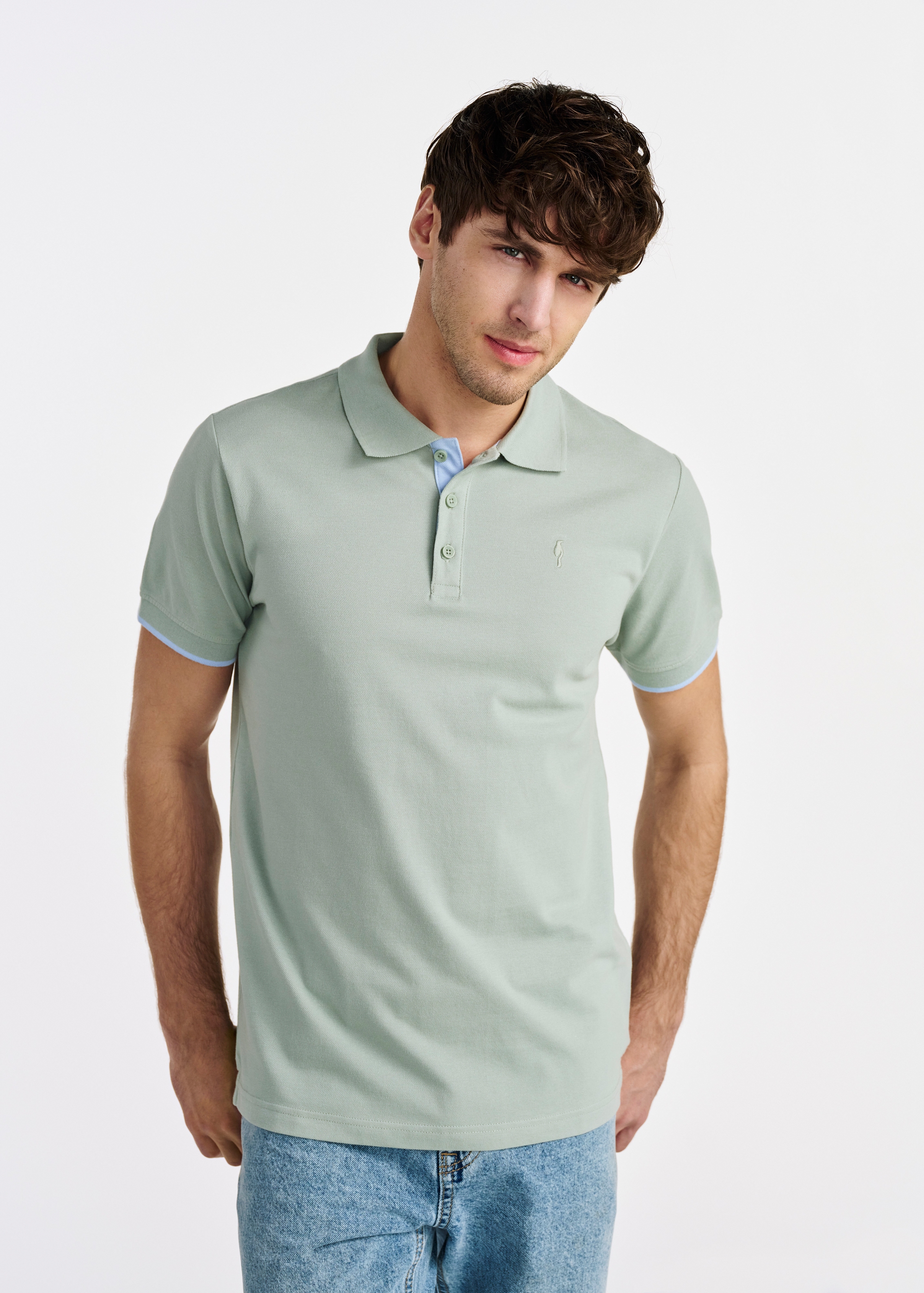 Miętowa koszulka polo męska z bawełny POLMT-0045B-50(W25)