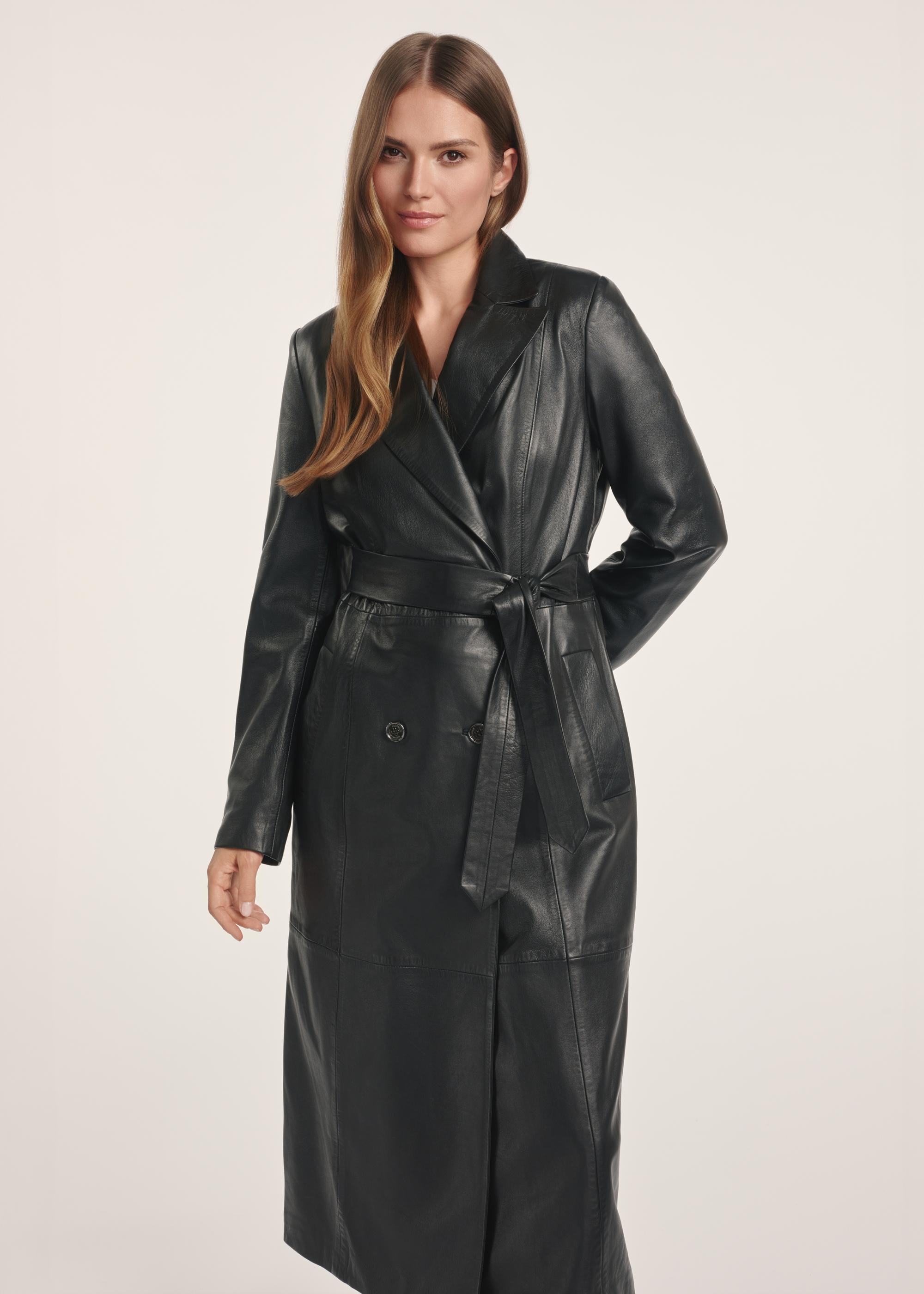 Czarny skórzany płaszcz damski KURDS-0546-5344(Z25) | OCHNIK